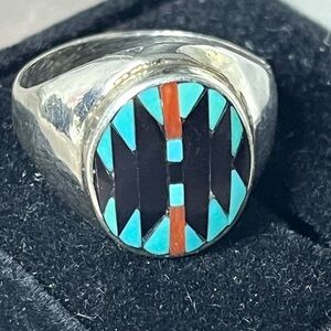 Vtg. Sterling Silver Charlene Dishta Zuni Multi Gems Inlay Ring Size 10